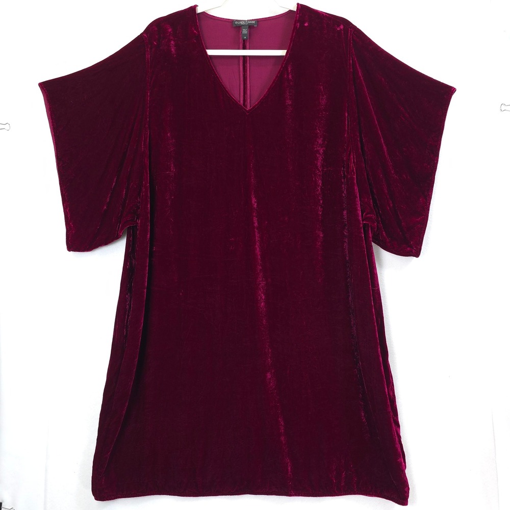 Eileen Fisher Velvet Dress Silk Blend Berry Red Women 1X Luxe Festive Minimalist - Picture 2 of 11